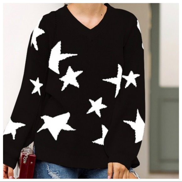 FALL MUST HAVE BLACK V NECK STAR SWEATER - Picture 3 of 15